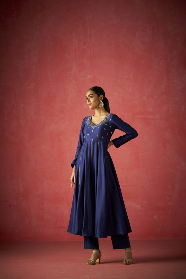 Dark Blue Anarkali, Pants And Dupatta With Hand Embriodered Details