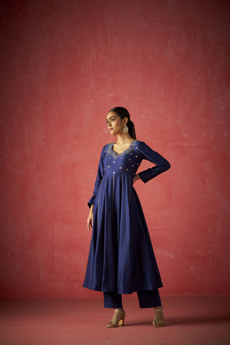 Dark Blue Anarkali, Pants And Dupatta With Hand Embriodered Details