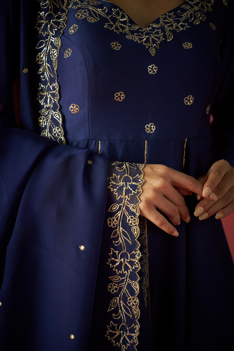 Dark Blue Anarkali, Pants And Dupatta With Hand Embriodered Details