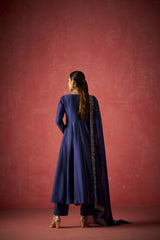Dark Blue Anarkali, Pants And Dupatta With Hand Embriodered Details