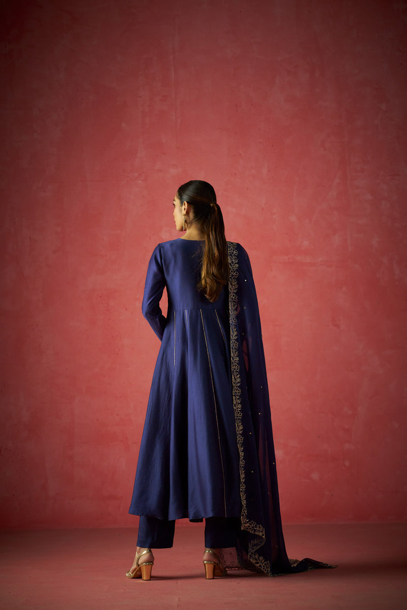 Dark Blue Anarkali, Pants And Dupatta With Hand Embriodered Details