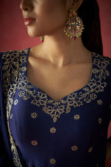 Dark Blue Anarkali, Pants And Dupatta With Hand Embriodered Details