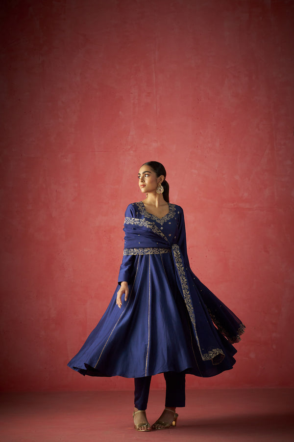 Dark Blue Anarkali, Pants And Dupatta With Hand Embriodered Details