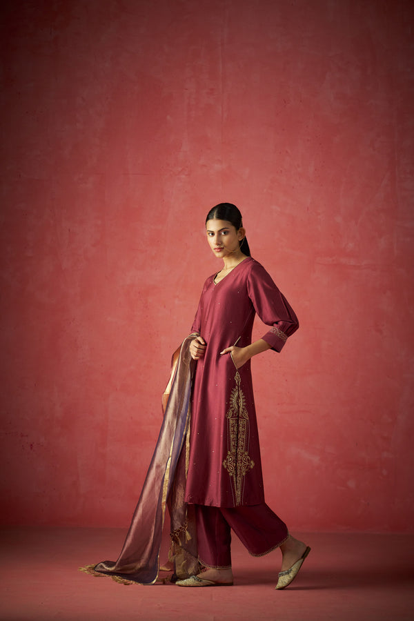 Maroon Kurta, Pants And Shaded Tissue Dupatta With Hand Embroidered Details