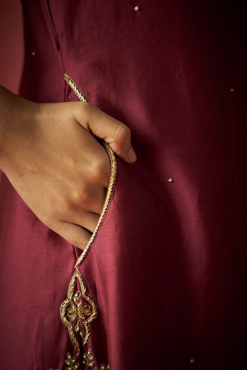 Maroon Kurta, Pants And Shaded Tissue Dupatta With Hand Embroidered Details