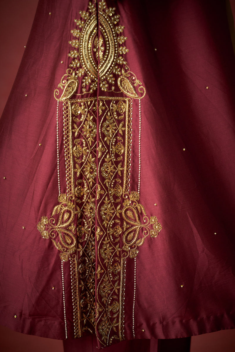 Maroon Kurta, Pants And Shaded Tissue Dupatta With Hand Embroidered Details