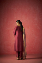 Maroon Kurta, Pants And Shaded Tissue Dupatta With Hand Embroidered Details