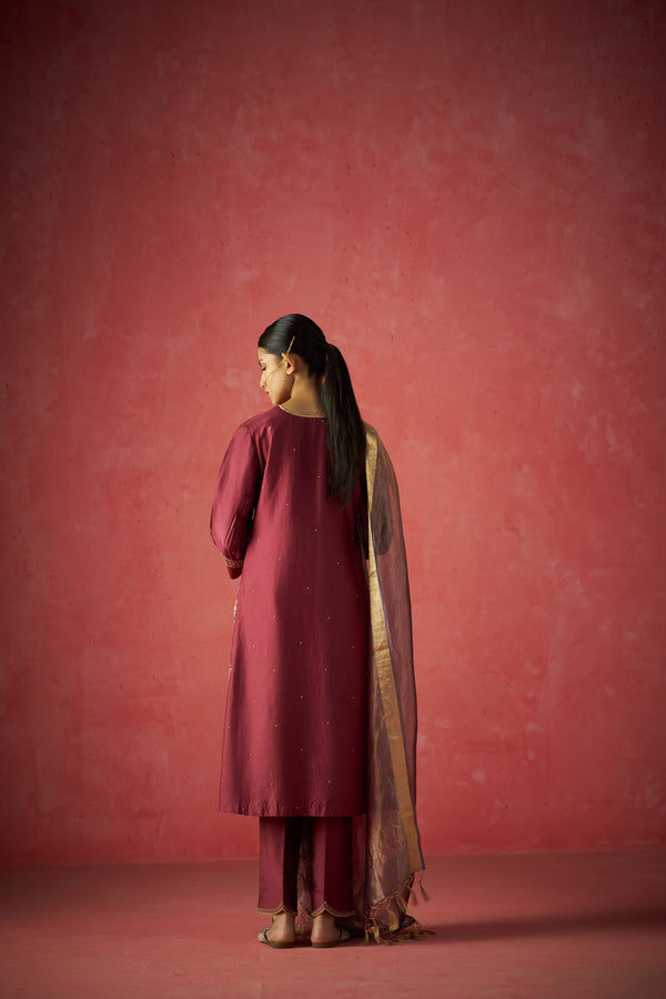 Maroon Kurta, Pants And Shaded Tissue Dupatta With Hand Embroidered Details