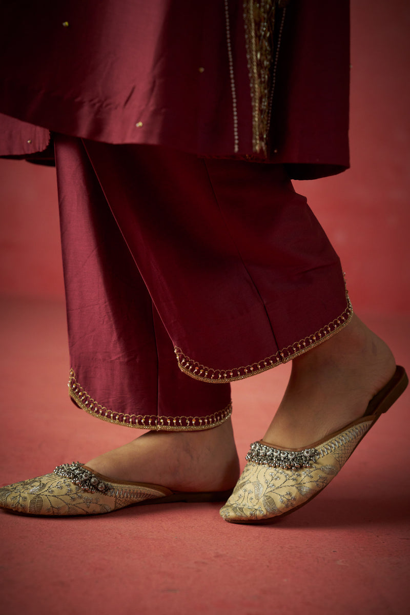 Maroon Kurta, Pants And Shaded Tissue Dupatta With Hand Embroidered Details