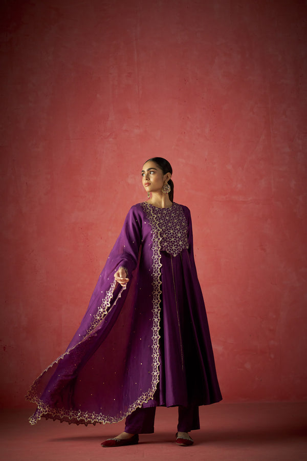 Purple Anarkali, Pants And Dupatta With Hand Embroidered Details