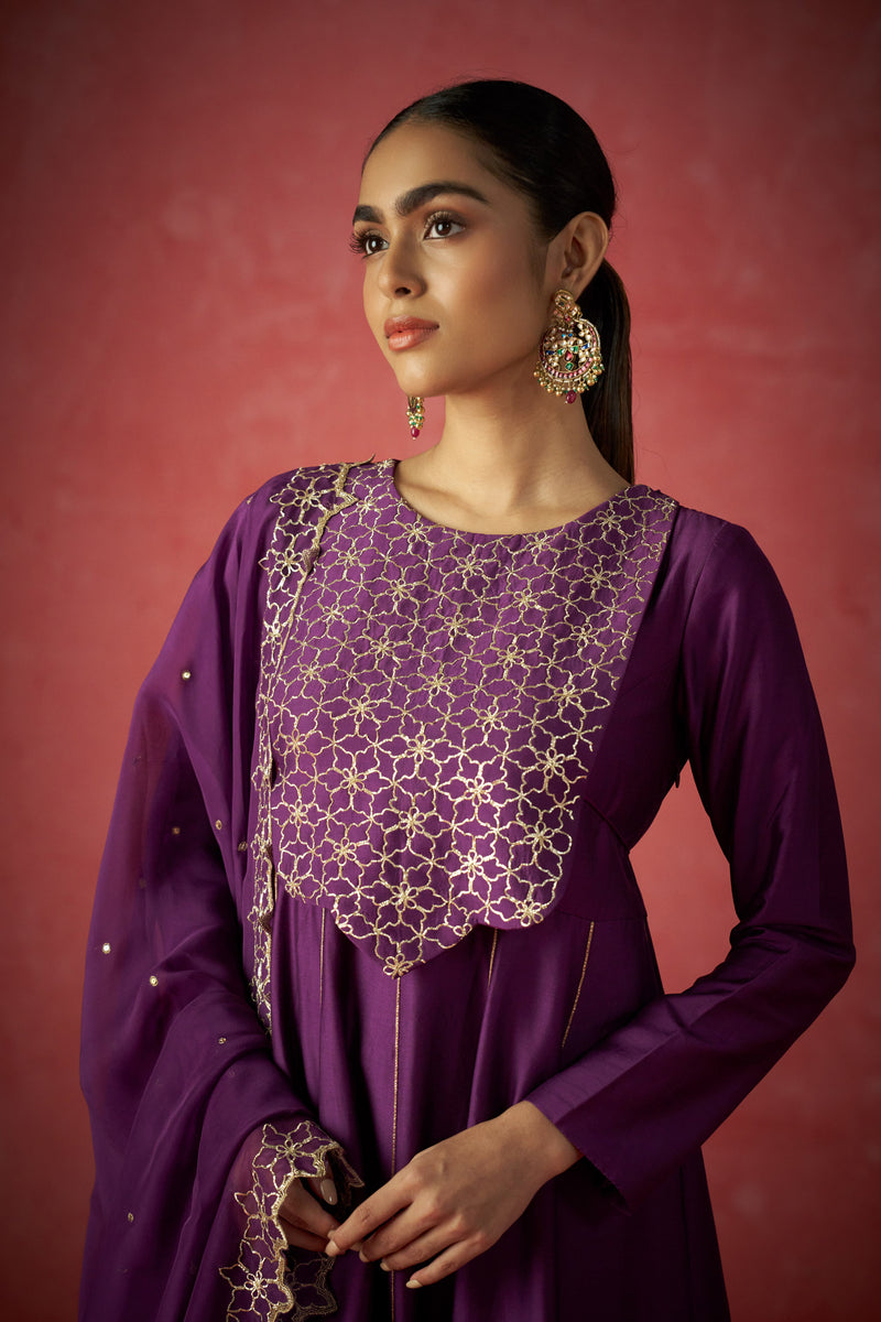 Purple Anarkali, Pants And Dupatta With Hand Embroidered Details