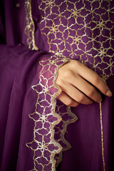Purple Anarkali, Pants And Dupatta With Hand Embroidered Details