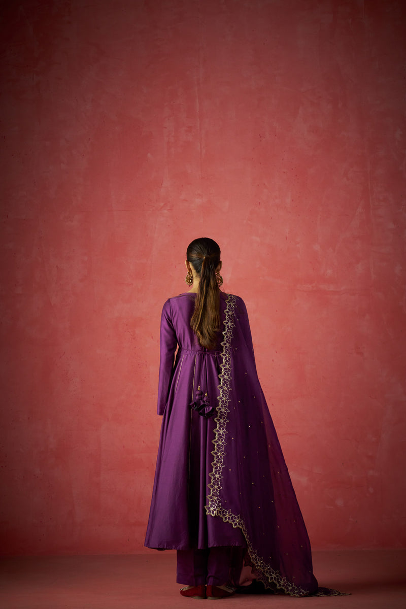 Purple Anarkali, Pants And Dupatta With Hand Embroidered Details