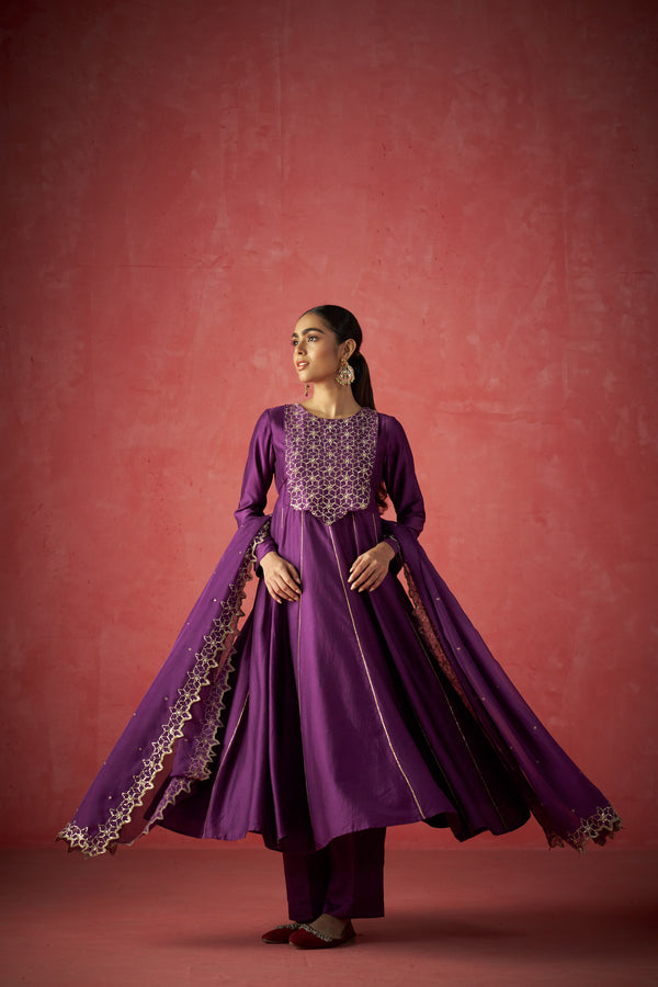 Purple Anarkali, Pants And Dupatta With Hand Embroidered Details