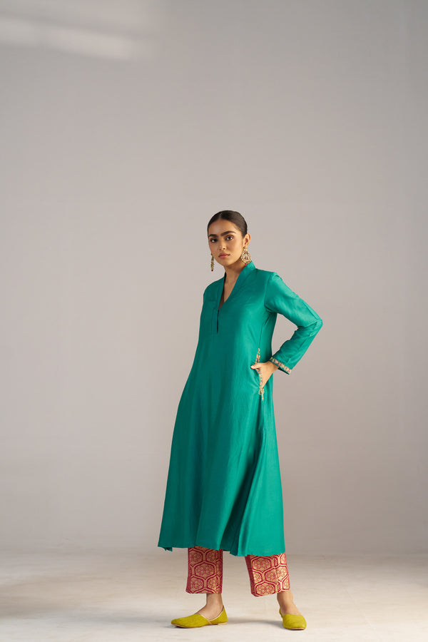 Green Kurta With Brocade Pants