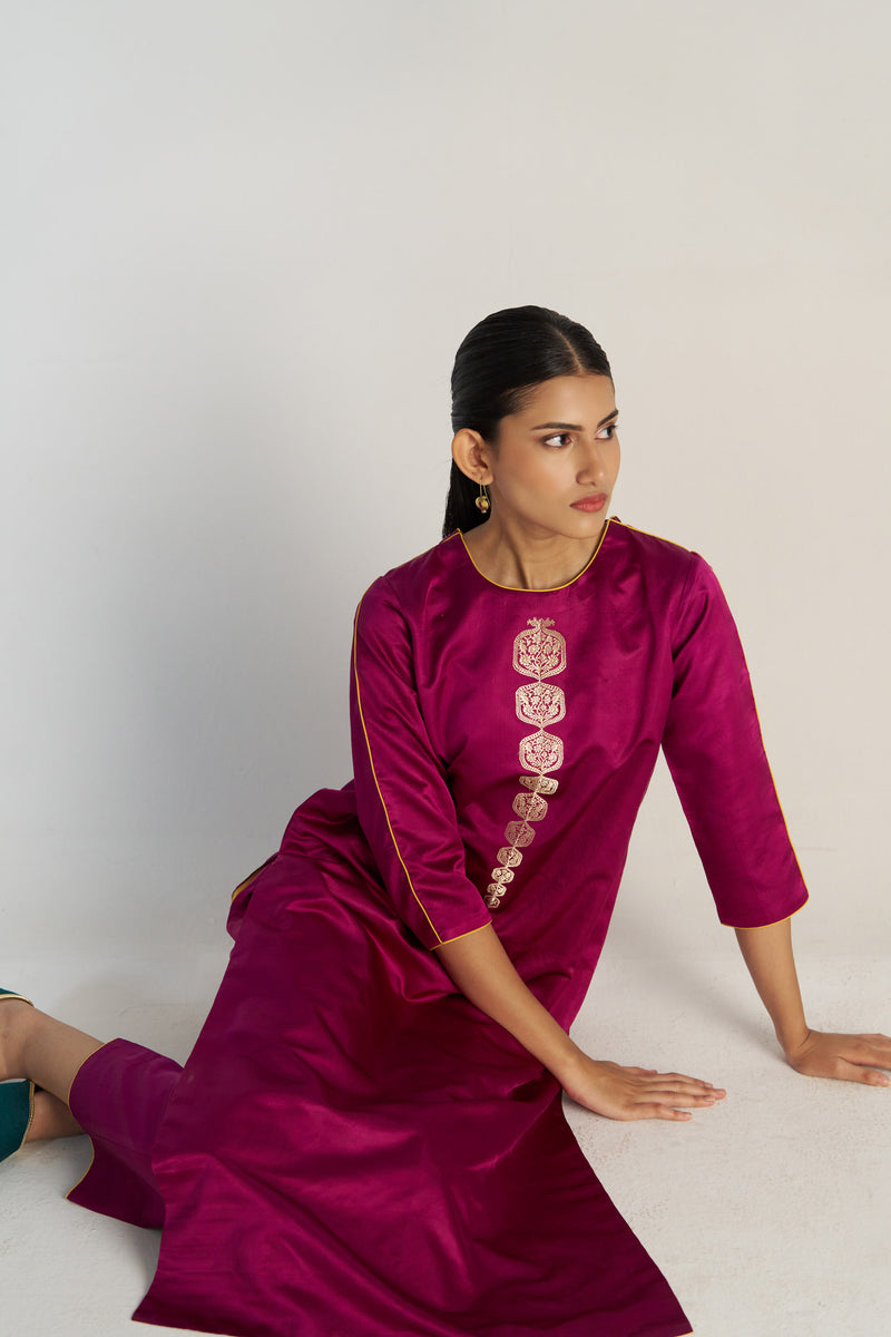 Magenta Banarsi Kurta With Pants