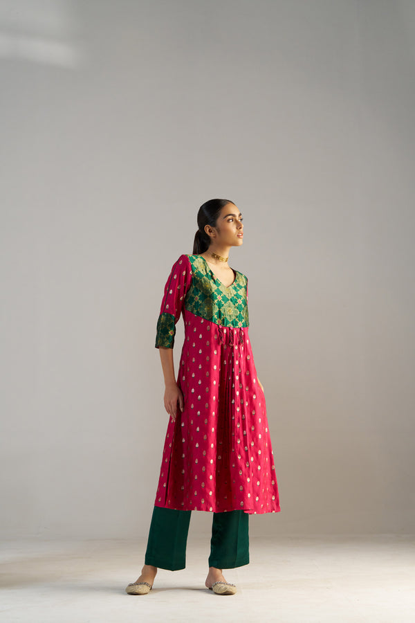 Green And Pink Brocade A-line Kurta Set