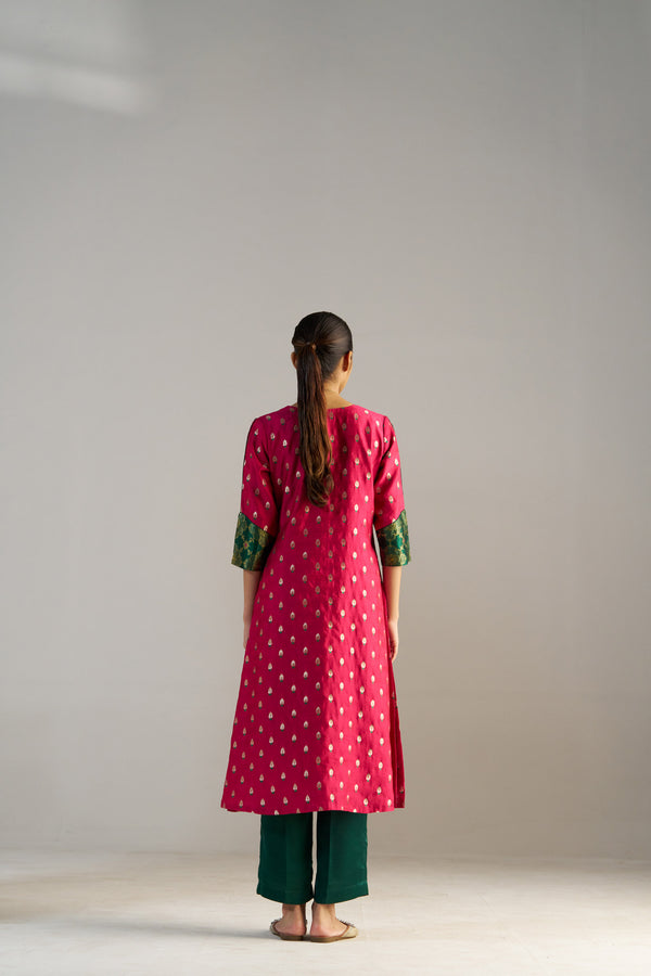 Green And Pink Brocade A-line Kurta Set