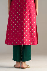 Green And Pink Brocade A-line Kurta Set