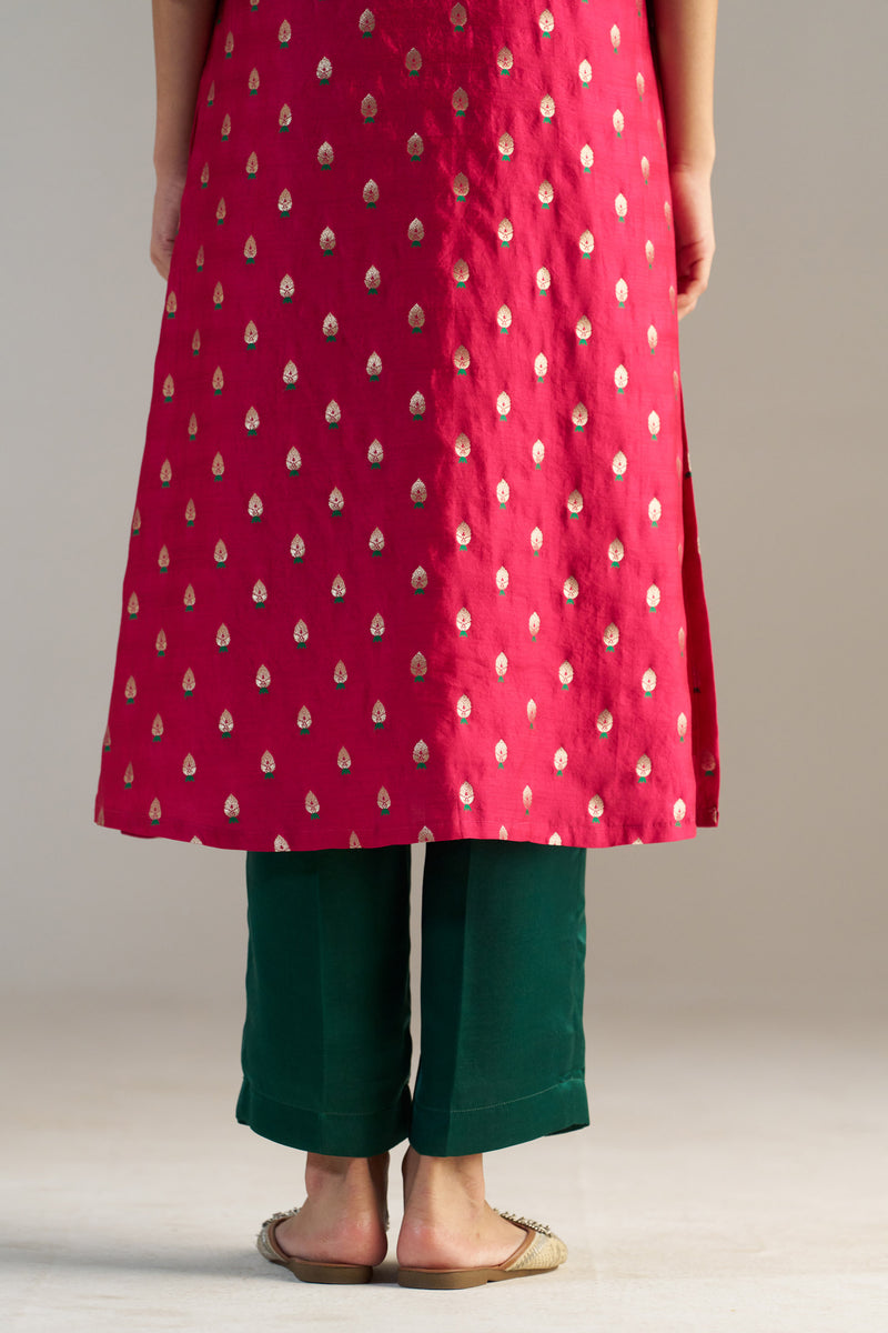 Green And Pink Brocade A-line Kurta Set