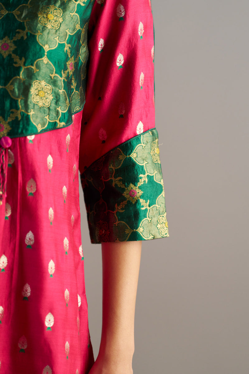 Green And Pink Brocade A-line Kurta Set