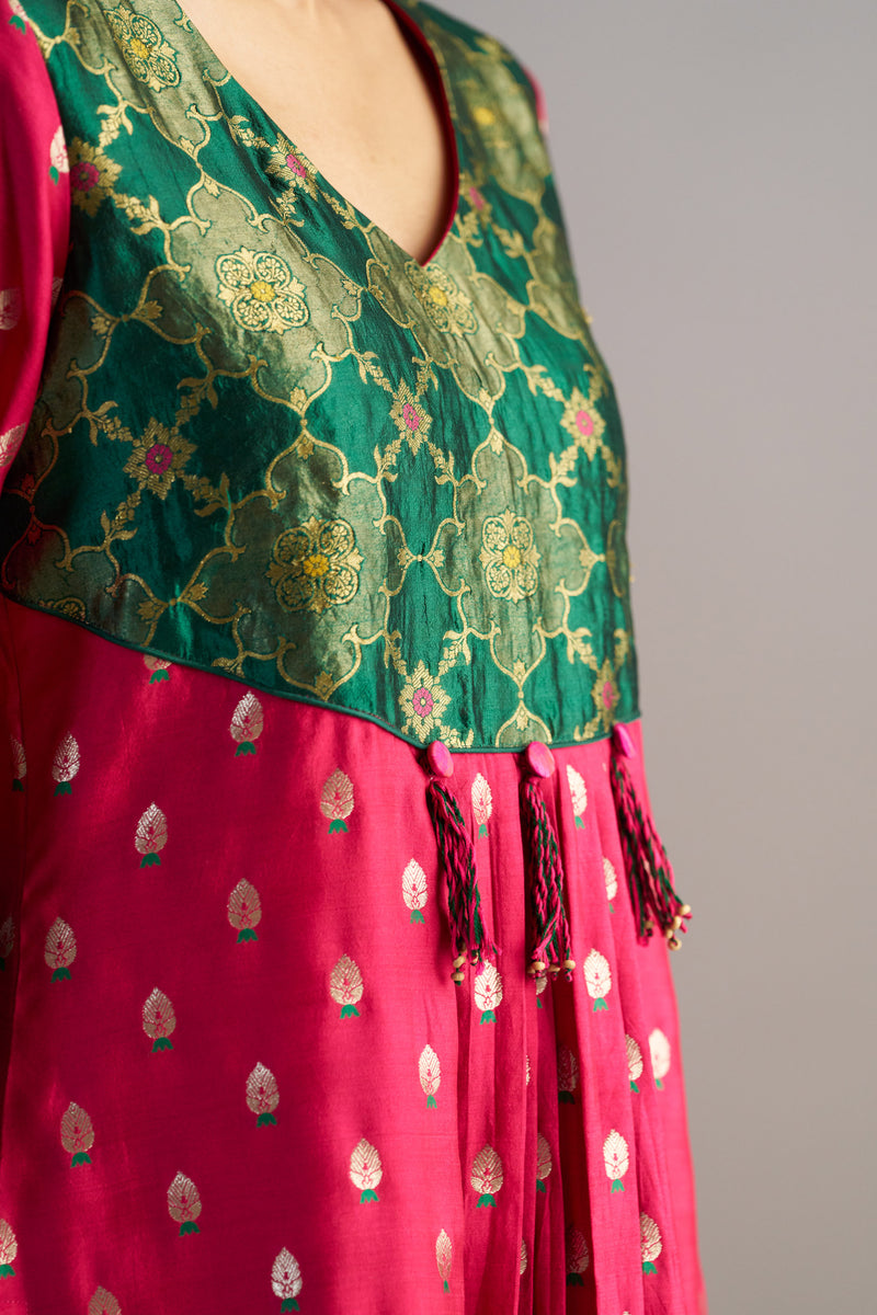 Green And Pink Brocade A-line Kurta Set