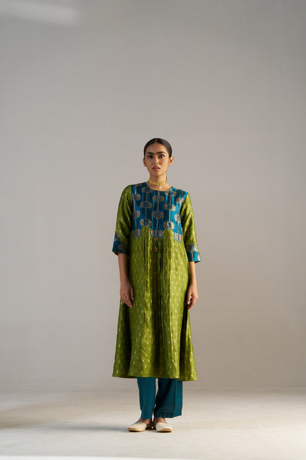 Teal Blue And Green Brocade A-line Kurta Set