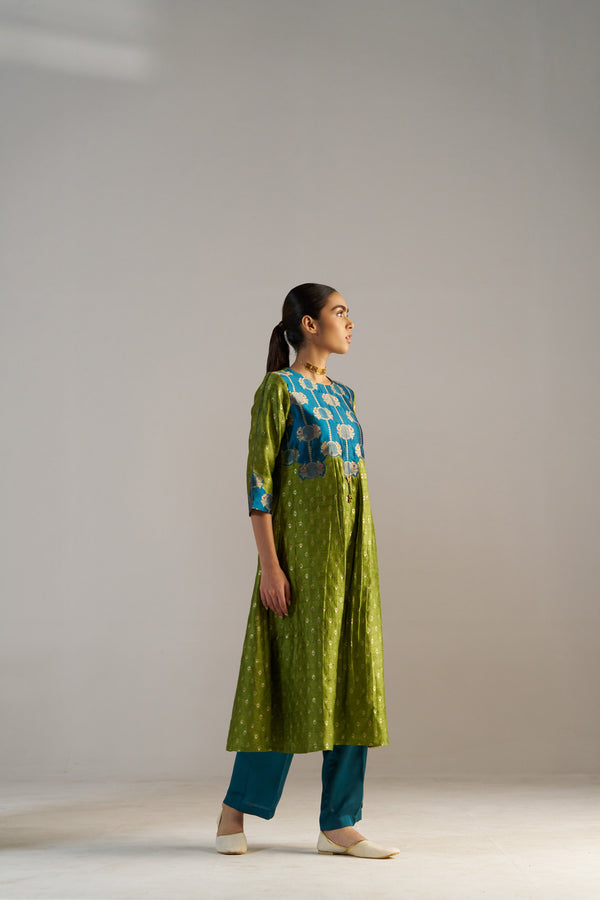 Teal Blue And Green Brocade A-line Kurta Set