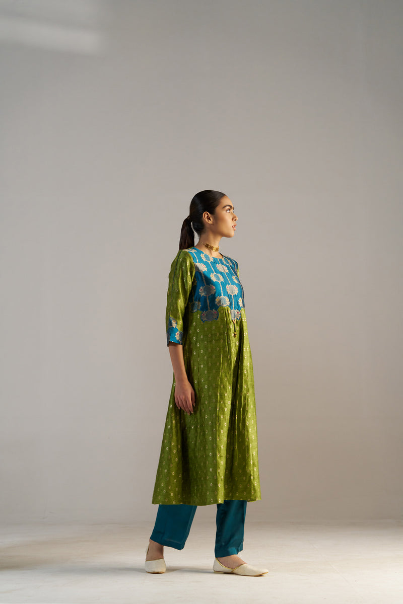 Teal Blue And Green Brocade A-line Kurta Set