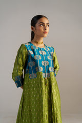Teal Blue And Green Brocade A-line Kurta Set
