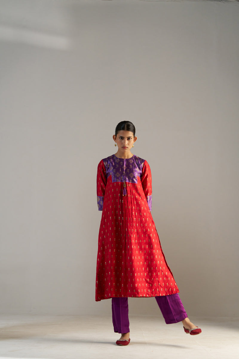Purple And Red Brocade A-line Kurta Set