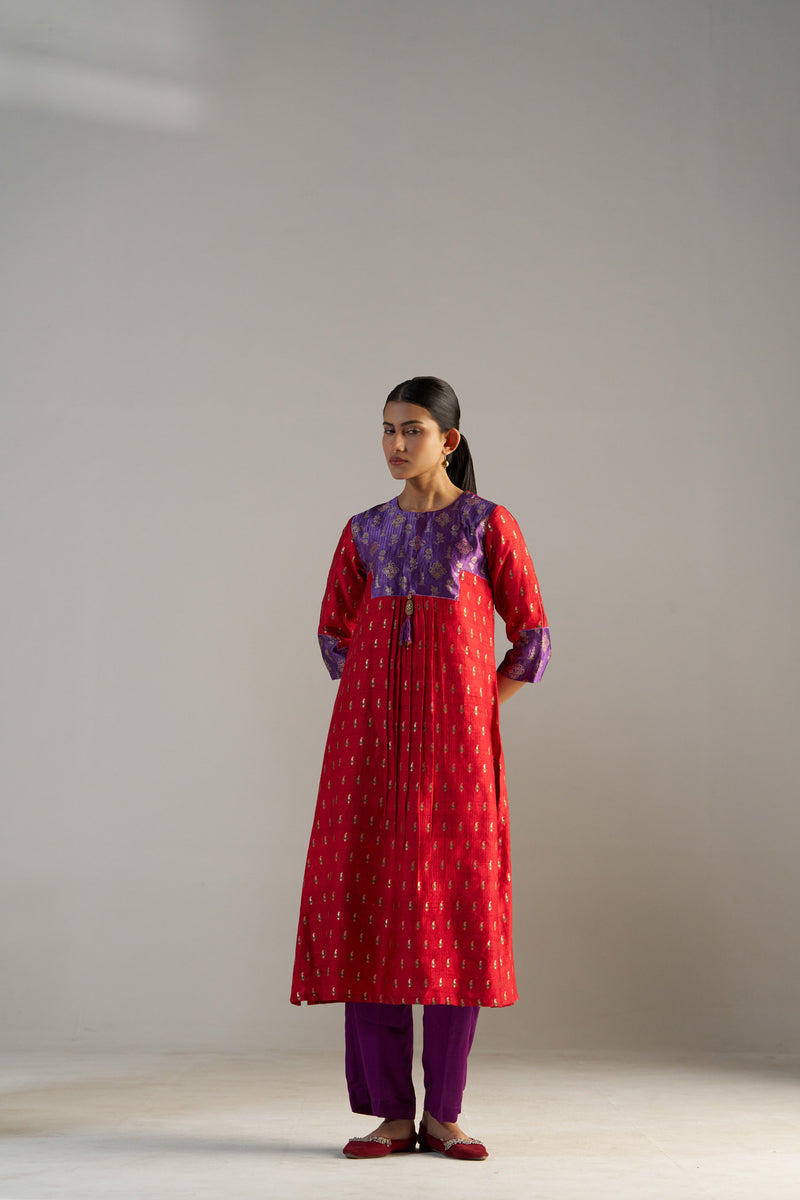 Purple And Red Brocade A-line Kurta Set