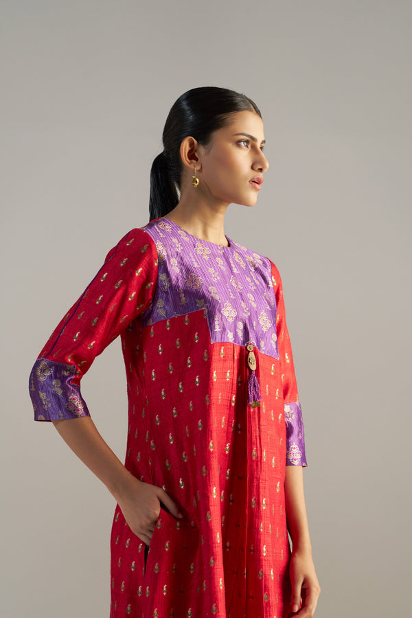 Purple And Red Brocade A-line Kurta Set