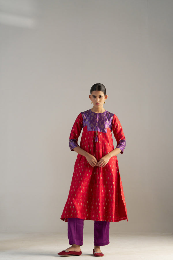 Purple And Red Brocade A-line Kurta Set