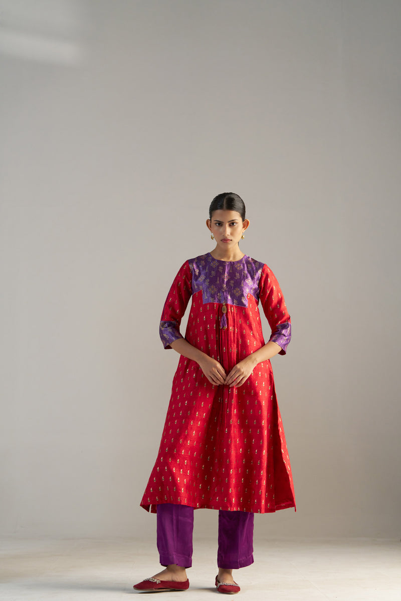 Purple And Red Brocade A-line Kurta Set
