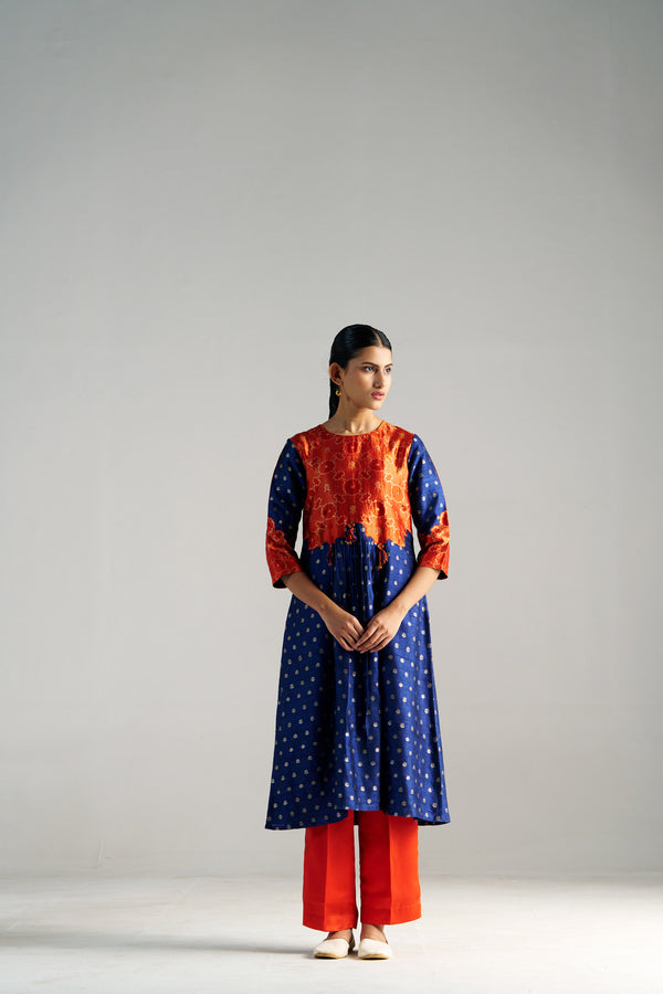 Orange And Blue Brocade A-line Kurta Set