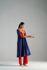 Orange And Blue Brocade A-line Kurta Set