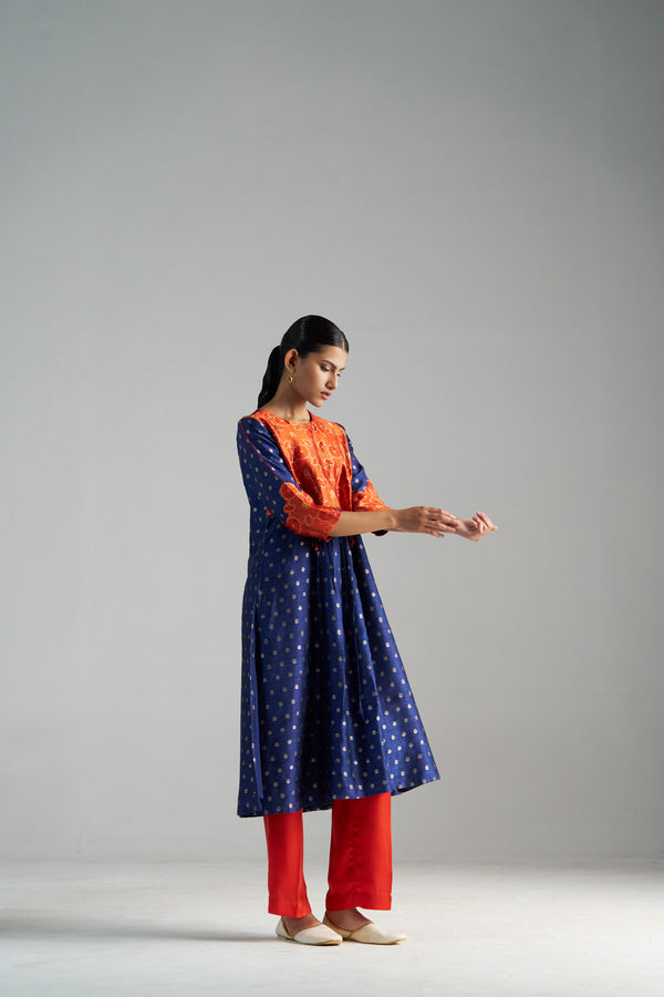 Orange And Blue Brocade A-line Kurta Set
