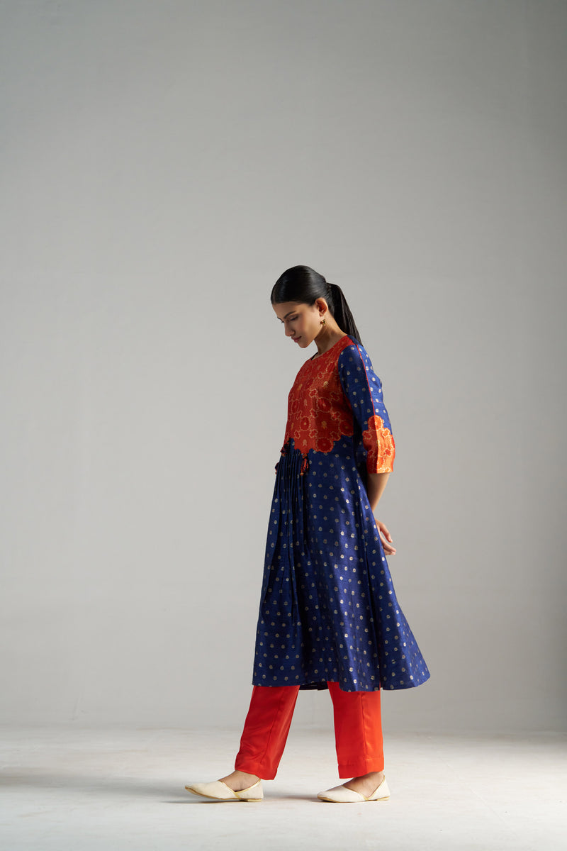 Orange And Blue Brocade A-line Kurta Set