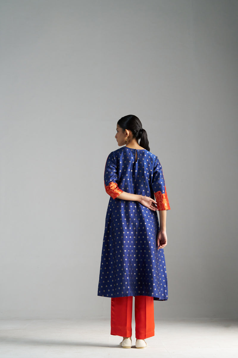 Orange And Blue Brocade A-line Kurta Set