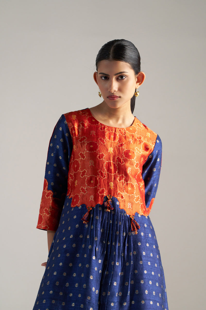 Orange And Blue Brocade A-line Kurta Set