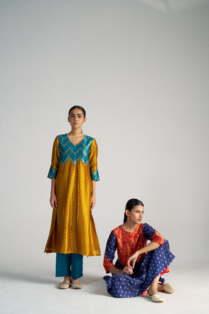 Teal Blue And Yellow Brocade A-line Kurta Set