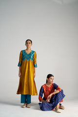 Teal Blue And Yellow Brocade A-line Kurta Set