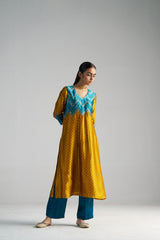 Teal Blue And Yellow Brocade A-line Kurta Set