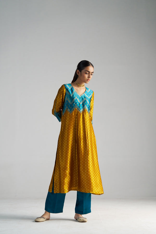 Teal Blue And Yellow Brocade A-line Kurta Set