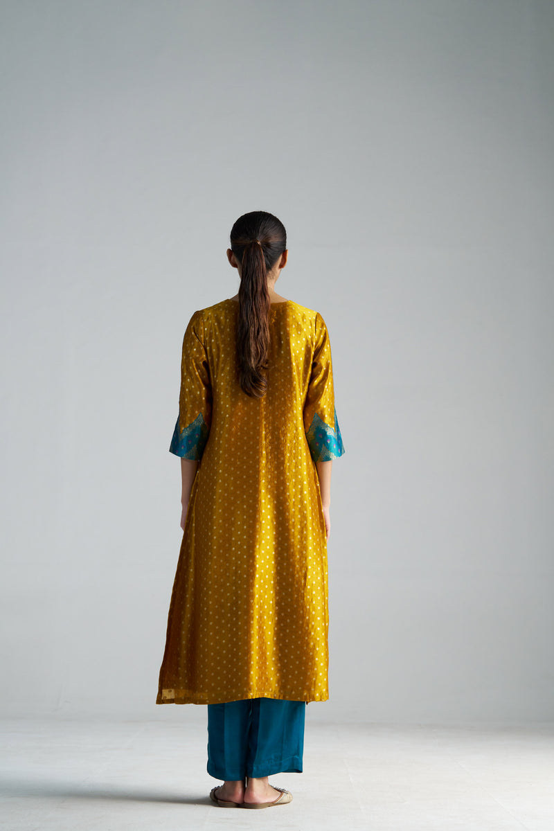Teal Blue And Yellow Brocade A-line Kurta Set