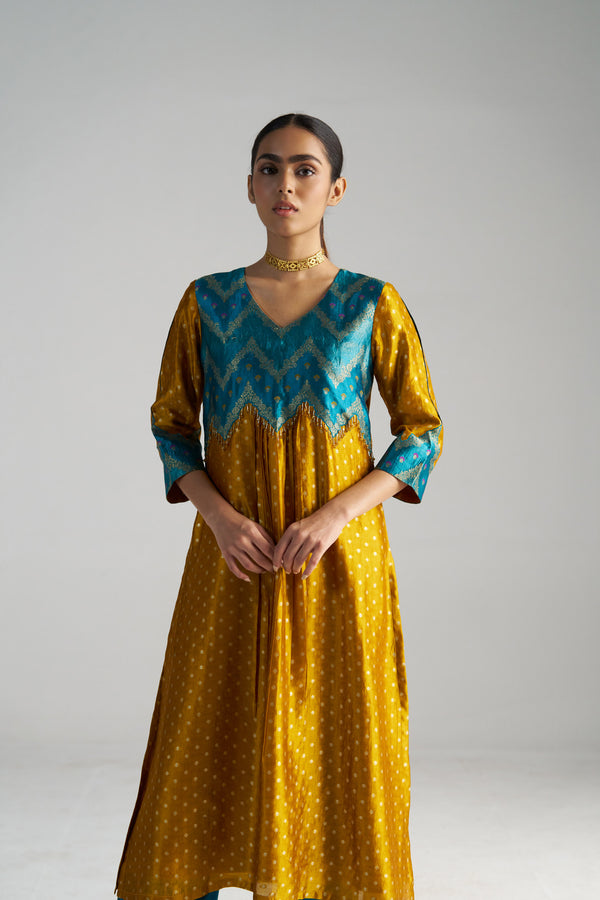 Teal Blue And Yellow Brocade A-line Kurta Set