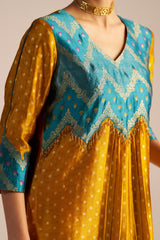 Teal Blue And Yellow Brocade A-line Kurta Set