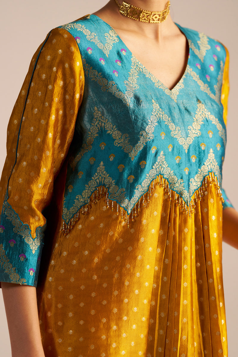 Teal Blue And Yellow Brocade A-line Kurta Set