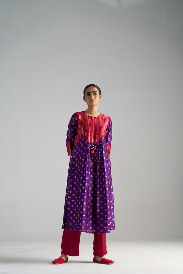 Pink And Purple Brocade A-line Kurta With Pants